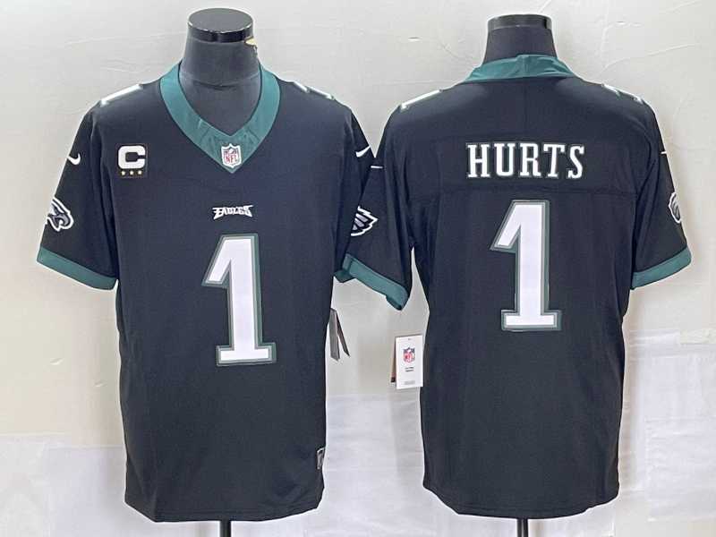 Mens Philadelphia Eagles #1 Jalen Hurts Black C Patch 2023 FUSE Vapor Untouchable Stitched Jersey